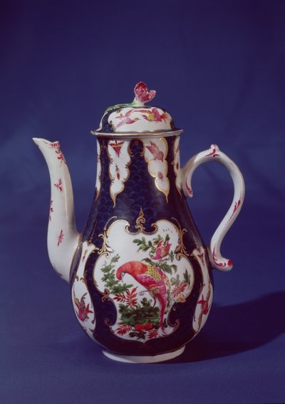 Caffettiera Worcester, decorata con uccelli del paradiso, c.1750 da English School